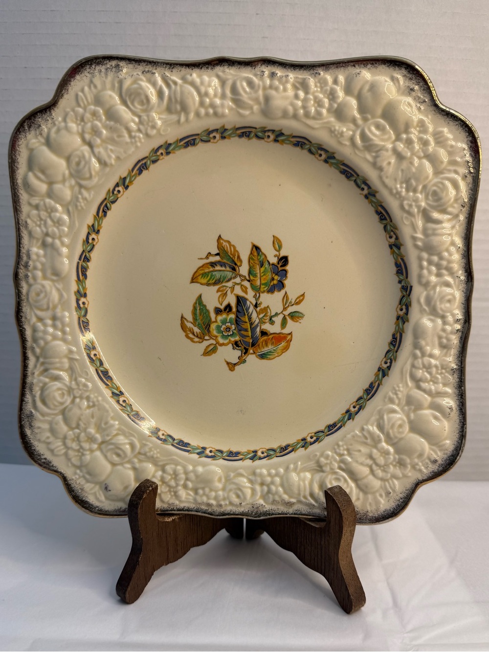 VTG Crown Ducal "Florentine" Cream Floral Embossed Square Ceramic Serving Plate
